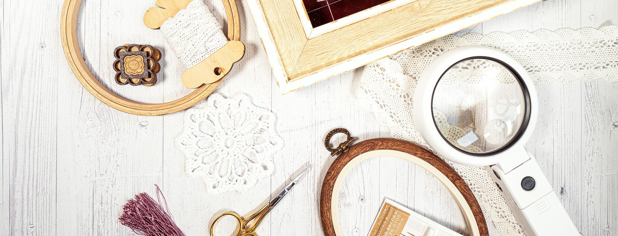 studio table with threads and hoops