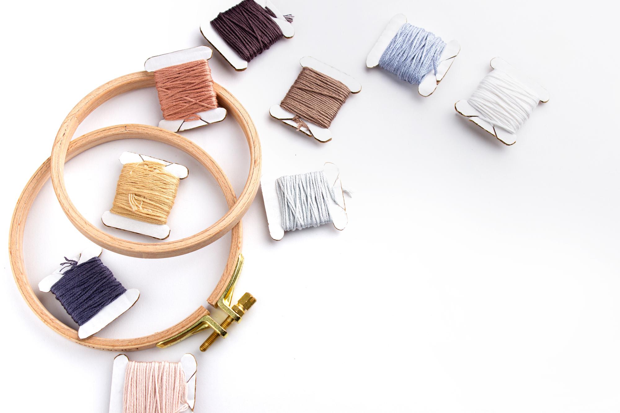 set of thread skeins and needles on wooden table